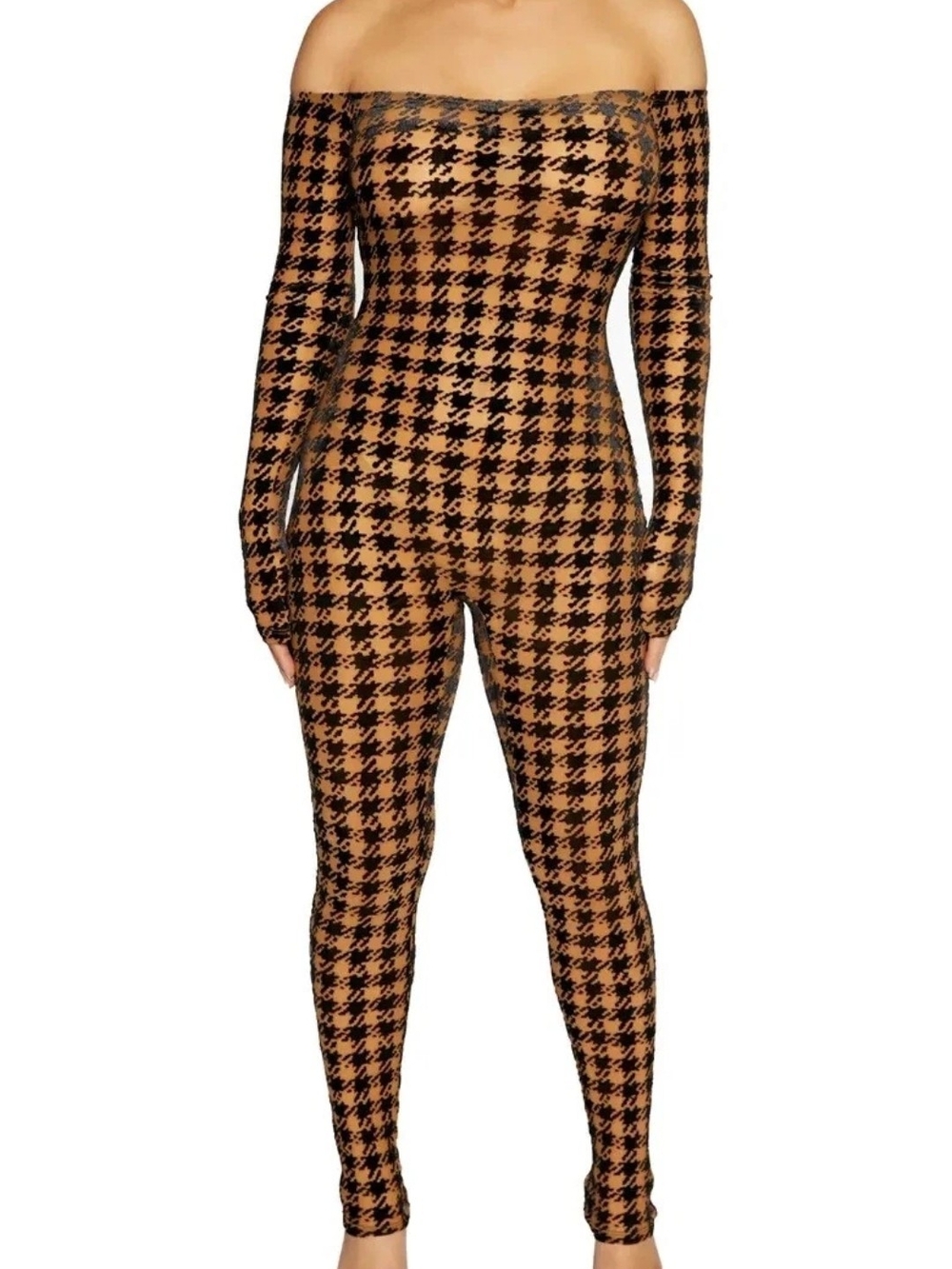 naked wardrobe Off-Shoulder Houndstooth Jumpsuit in Camel & Black